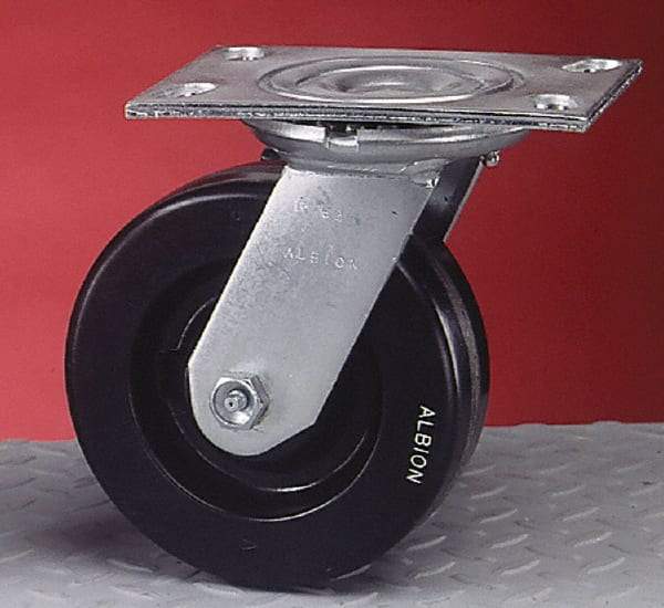 Albion - 8" Diam x 2" Wide x 10-1/8" OAH Top Plate Mount Swivel Caster - Rubber, 500 Lb Capacity, Roller Bearing, 4-1/2 x 6-1/4" Plate - Caliber Tooling