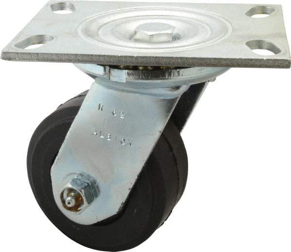 Albion - 4" Diam x 2" Wide x 5-5/8" OAH Top Plate Mount Swivel Caster - Rubber, 350 Lb Capacity, Roller Bearing, 4-1/2 x 6-1/4" Plate - Caliber Tooling