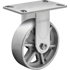 Albion - 8" Diam x 2" Wide x 10-1/8" OAH Top Plate Mount Rigid Caster - Cast Iron, 1,400 Lb Capacity, Roller Bearing, 4-1/2 x 6-1/4" Plate - Caliber Tooling