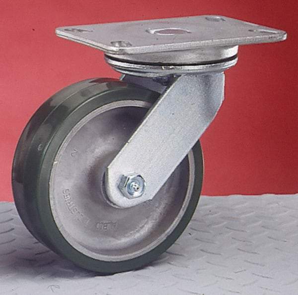 Albion - 4" Diam x 2" Wide x 5-5/8" OAH Top Plate Mount Swivel Caster - Rubber, 350 Lb Capacity, Roller Bearing, 4-1/2 x 6-1/4" Plate - Caliber Tooling