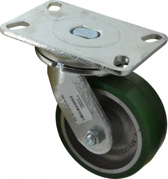 Albion - 5" Diam x 2" Wide x 6-1/2" OAH Top Plate Mount Swivel Caster - Polyurethane, 1,050 Lb Capacity, Roller Bearing, 4-1/2 x 6-1/4" Plate - Caliber Tooling