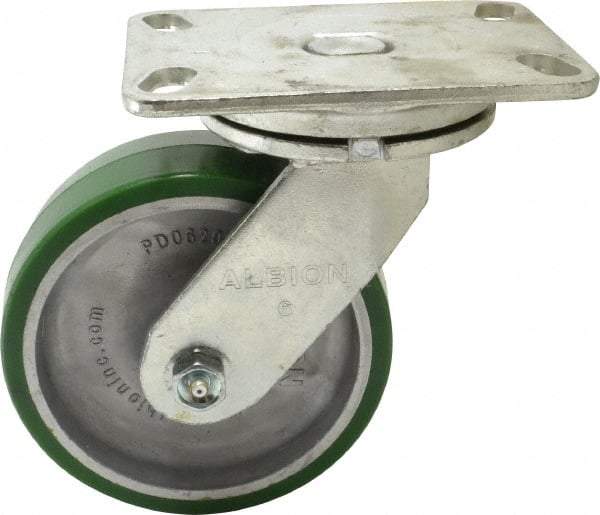 Albion - 6" Diam x 2" Wide x 7-1/2" OAH Top Plate Mount Swivel Caster - Polyurethane, 1,230 Lb Capacity, Roller Bearing, 4-1/2 x 6-1/4" Plate - Caliber Tooling