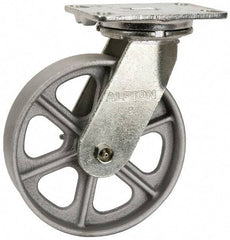 Albion - 8" Diam x 2" Wide x 10-1/8" OAH Top Plate Mount Swivel Caster - Cast Iron, 1,400 Lb Capacity, Roller Bearing, 4-1/2 x 6-1/4" Plate - Caliber Tooling