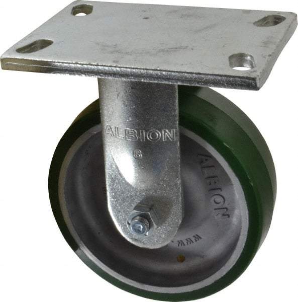 Albion - 6" Diam x 2" Wide x 7-1/2" OAH Top Plate Mount Rigid Caster - Polyurethane, 1,230 Lb Capacity, Roller Bearing, 5 x 6-1/4" Plate - Caliber Tooling