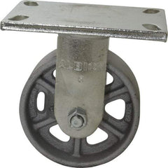 Albion - 5" Diam x 2" Wide x 6-1/2" OAH Top Plate Mount Rigid Caster - Cast Iron, 1,000 Lb Capacity, Roller Bearing, 5 x 6-1/4" Plate - Caliber Tooling