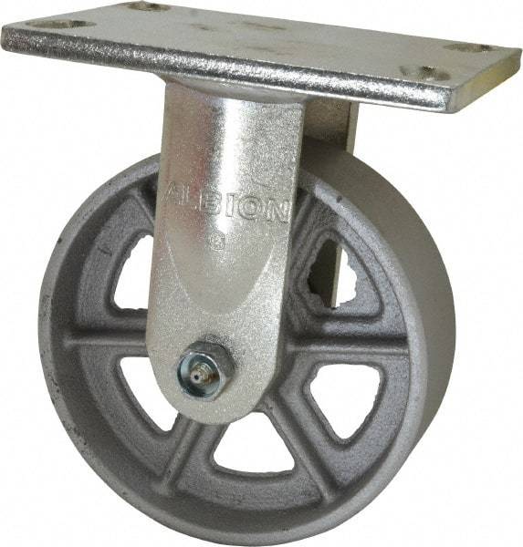 Albion - 6" Diam x 2" Wide x 7-1/2" OAH Top Plate Mount Rigid Caster - Cast Iron, 1,200 Lb Capacity, Roller Bearing, 5 x 6-1/4" Plate - Caliber Tooling