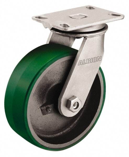 Albion - 5" Diam x 2-1/2" Wide x 6-1/2" OAH Top Plate Mount Swivel Caster - Polyurethane, 1,290 Lb Capacity, Roller Bearing, 4-1/2 x 6-1/4" Plate - Caliber Tooling