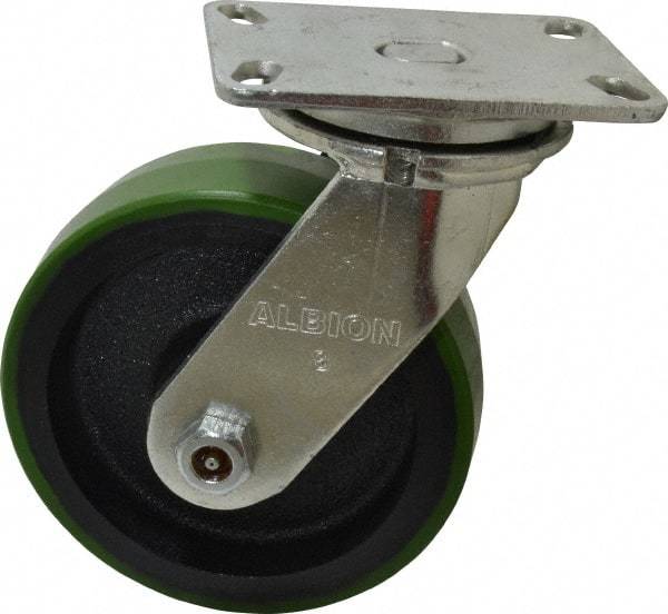 Albion - 8" Diam x 2-1/2" Wide x 10-1/8" OAH Top Plate Mount Swivel Caster - Polyurethane, 2,000 Lb Capacity, Roller Bearing, 4-1/2 x 6-1/4" Plate - Caliber Tooling