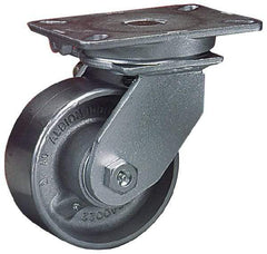 Albion - 12" Diam x 3" Wide x 15-1/2" OAH Top Plate Mount Swivel Caster - Cast Iron, 2,800 Lb Capacity, Roller Bearing, 5-1/4 x 7-1/4" Plate - Caliber Tooling