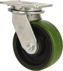 Albion - 8" Diam x 3" Wide x 10-1/2" OAH Top Plate Mount Swivel Caster - Polyurethane, 2,520 Lb Capacity, Roller Bearing, 5-1/4 x 7-1/4" Plate - Caliber Tooling