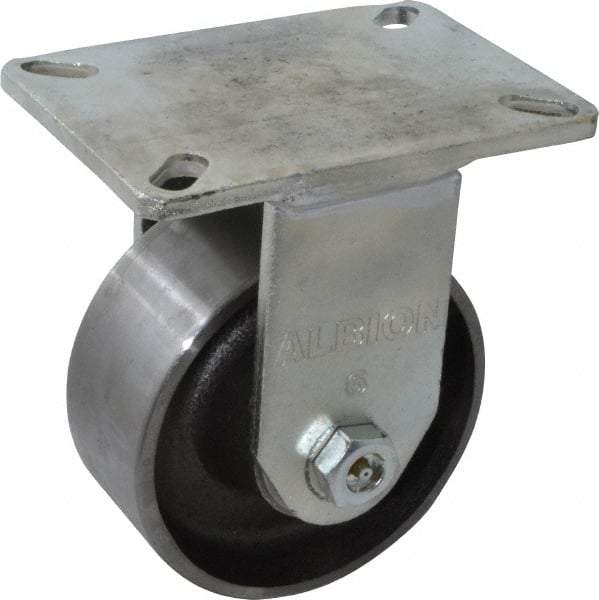 Albion - 6" Diam x 2-1/2" Wide x 8" OAH Top Plate Mount Rigid Caster - Forged Steel, 3,500 Lb Capacity, Roller Bearing, 5 x 7-1/4" Plate - Caliber Tooling