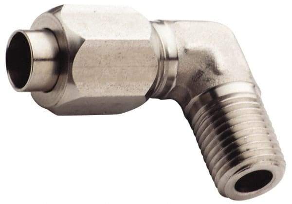 Made in USA - 1/2" Tube OD, 37° Stainless Steel Flared Tube Male Elbow - 1-11-1/2 NPTF, Flare x MNPTF Ends - Caliber Tooling