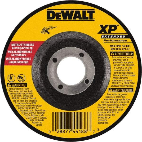 DeWALT - 24 Grit, 4" Wheel Diam, 1/4" Wheel Thickness, 5/8" Arbor Hole, Type 27 Depressed Center Wheel - Zirconia Alumina, Resinoid Bond, 15,200 Max RPM, Compatible with Angle Grinder - Caliber Tooling