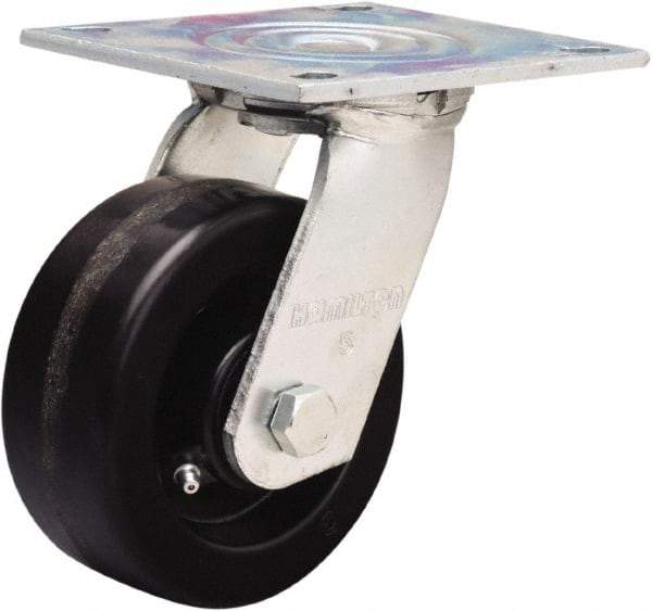 Hamilton - 5" Diam x 2" Wide x 6-1/2" OAH Top Plate Mount Swivel Caster - Phenolic, 900 Lb Capacity, Straight Roller Bearing, 5 x 5-1/2" Plate - Caliber Tooling