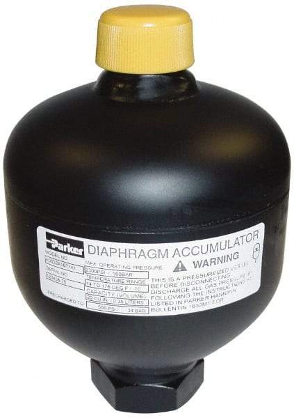 Parker - 45 Lb. Capacity, 3,620 psi Max Working Pressure, 6.65" High, Hydrin Diaphragm Accumulator - 4.87" Diam - Caliber Tooling