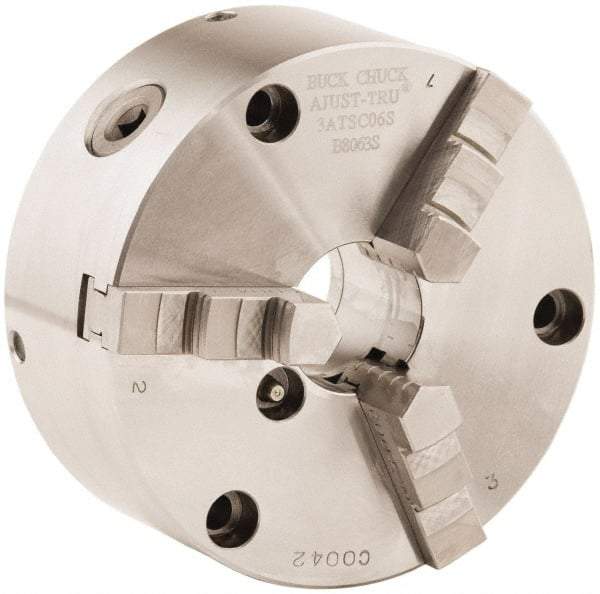 Buck Chuck Company - 3 Jaws, 12" Diam, Self Centering Manual Lathe Chuck - Front Mount, Adjustable, 2,300 Max RPM, 4.14" Through Hole Diam, Forged Steel - Caliber Tooling