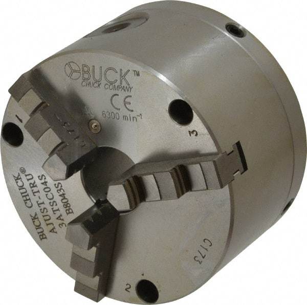 Buck Chuck Company - 3 Jaws, 4" Diam, Self Centering Manual Lathe Chuck - Front Mount, Adjustable, 6,300 Max RPM, 1.04" Through Hole Diam, Forged Steel - Caliber Tooling