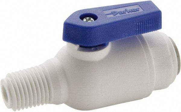 Parker - 1/4" Pipe, Full Port, Polypropylene Valve Male Connector Ball Valve - Bi-Directional, MNPT x Push-to-Connect Ends, Wedge Handle, 150 WOG - Caliber Tooling