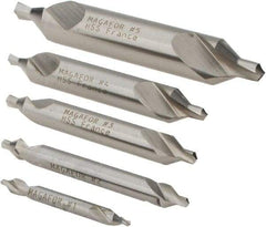 Magafor - 5 Piece, #1 to 5, 1/8 to 7/16" Body Diam, 3/64 to 3/16" Point Diam, Plain Edge, High Speed Steel Combo Drill & Countersink Set - 60° Incl Angle, 0.067 to 0.256" Point Length, 1/8 to 2-3/4" OAL, Double End, 115 Series Compatibility - Caliber Tooling