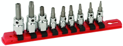 1/4" Drive: T10s; T15s; T20s; T27s; T30s and 3/8" T40s (1/4" Bit) and 3/8" T45s; T50s (5/16" Bit) on rail - Square Drive Replaceable Bit - Security Torx Bit Socket Set - Caliber Tooling