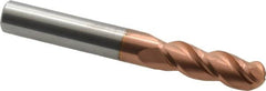 Accupro - 3/8" Diam, 1-1/8" LOC, 3 Flute Solid Carbide Ball End Mill - TiCN Finish, Single End, 3" OAL, 3/8" Shank Diam, Spiral Flute - Caliber Tooling