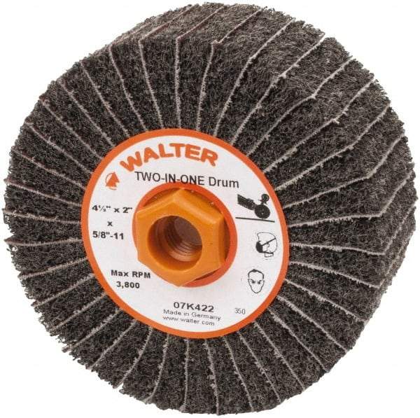 WALTER Surface Technologies - 4-1/2" Diam, 150 Grit Aluminum Oxide Unmounted Flap Wheel - 5/8" Hole, 5/8-11 Thread, 2" Wide, Nonwoven & Coated, Fine Grade, 3,800 Max RPM - Caliber Tooling