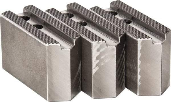 H & R Manufacturing - 1.5mm x 60° Serrated Attachment, Square Soft Lathe Chuck Jaw - 3 Jaws, Steel, 0.787" Btw Mount Hole Ctrs, 3-1/8" Long x 1-1/4" Wide x 2" High, 0.472" Groove, 10mm Fastener - Caliber Tooling