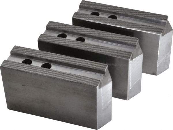 H & R Manufacturing - 1.5mm x 60° Serrated Attachment, Square Soft Lathe Chuck Jaw - 3 Jaws, Steel, 1.181" Btw Mount Hole Ctrs, 6-1/4" Long x 2" Wide x 3-1/2" High, 0.71" Groove, 14mm Fastener - Caliber Tooling