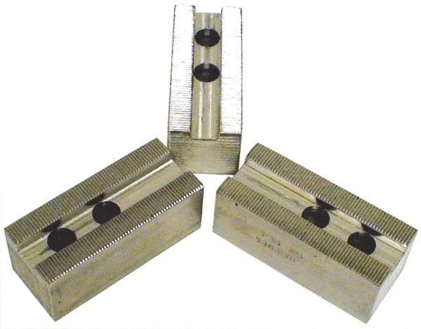 H & R Manufacturing - 1.5mm x 60° Serrated Attachment, Square Soft Lathe Chuck Jaw - 3 Jaws, Aluminum, 1.69" Btw Mount Hole Ctrs, 6-1/2" Long x 2-1/2" Wide x 5" High, 1" Groove, 20mm Fastener - Caliber Tooling