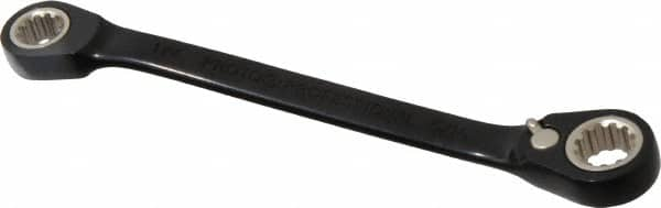 Proto - 1/4" x 5/16" 12 Point Spline Reversible Ratcheting Box Wrench - Double End, 11/16" Head Diam x 1/8" Head Thickness, 4-1/2" OAL, Steel, Black Chrome Finish - Caliber Tooling