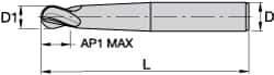 Kennametal - 5/8" Diam, 5/8" LOC, 4 Flute Solid Carbide Ball End Mill - TiAlN/TiN/TiAlN Finish, Single End, 5" OAL, 5/8" Shank Diam, Spiral Flute - Caliber Tooling