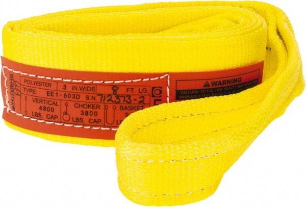 Lift-All - 8' Long x 3" Wide, 4,800 Lb Vertical Capacity, 1 Ply, Polyester Web Sling - 3,800 Lb Choker Capacity, Yellow - Caliber Tooling