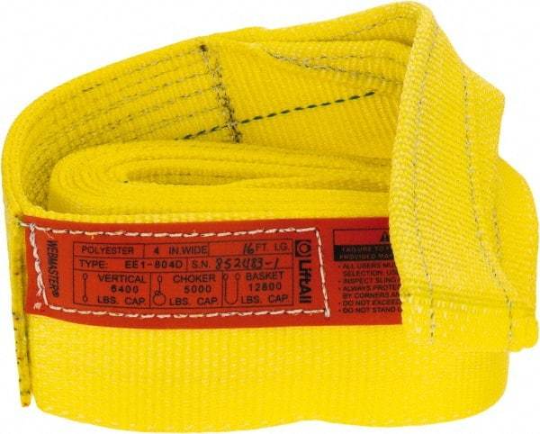 Lift-All - 16' Long x 4" Wide, 6,400 Lb Vertical Capacity, 1 Ply, Polyester Web Sling - 5,000 Lb Choker Capacity, Yellow - Caliber Tooling