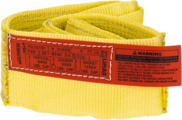 Lift-All - 4' Long x 4" Wide, 6,400 Lb Vertical Capacity, 1 Ply, Polyester Web Sling - 5,000 Lb Choker Capacity, Yellow - Caliber Tooling