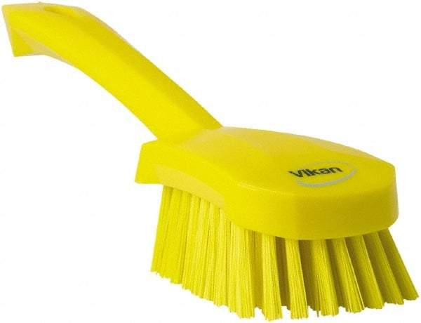 Vikan - 1.3" Bristle Length, Polyester Scrub Brush - 4-1/4" Long x 2-3/4" Wide Head, 10" OAL, Yellow, Polypropylene Block - Caliber Tooling