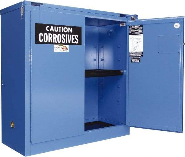 Securall Cabinets - 2 Door, 2 Shelf, Blue Steel Standard Safety Cabinet for Corrosive Chemicals - 67" High x 43" Wide x 18" Deep, Self Closing Door, 3 Point Key Lock, 45 Gal Capacity - Caliber Tooling