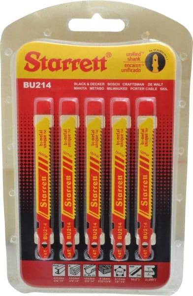 Starrett - 3" Long, 14 Teeth per Inch, Bi-Metal Jig Saw Blade - Toothed Edge, 5/16" Wide x 0.04" Thick, U-Shank, Wavy Tooth Set - Caliber Tooling