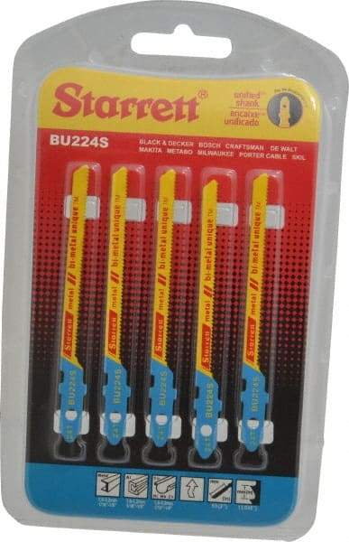 Starrett - 3" Long, 24 Teeth per Inch, Bi-Metal Jig Saw Blade - Toothed Edge, 3/16" Wide x 0.04" Thick, U-Shank, Wavy Tooth Set - Caliber Tooling