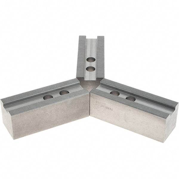 Abbott Workholding Products - 1.5mm x 60° Serrated Attachment, Square Soft Lathe Chuck Jaw - 3 Jaws, Steel, 1.1811" Btw Mount Hole Ctrs, 5-1/2" Long x 2" Wide x 2" High, 0.8268" Groove, 0.6299" & 16mm Fastener - Caliber Tooling