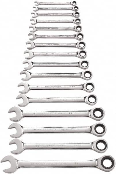 GearWrench - 16 Piece, 8mm to 24mm, 12 Point Combination Wrench Set - Metric Measurement Standard, Full Polish Chrome Finish - Caliber Tooling