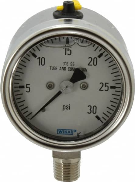 Wika - 2-1/2" Dial, 1/4 Thread, 30 Scale Range, Pressure Gauge - Lower Connection Mount, Accurate to 2-1-2% of Scale - Caliber Tooling