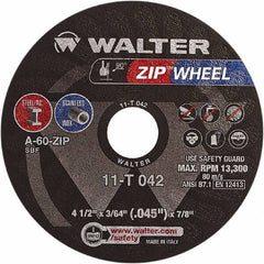 WALTER Surface Technologies - 4-1/2" 60 Grit Aluminum Oxide Cutoff Wheel - 3/64" Thick, 7/8" Arbor, 13,300 Max RPM, Use with Angle Grinders - Caliber Tooling