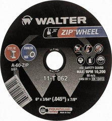 WALTER Surface Technologies - 6" 60 Grit Aluminum Oxide Cutoff Wheel - 3/64" Thick, 7/8" Arbor, 10,200 Max RPM, Use with Angle Grinders - Caliber Tooling