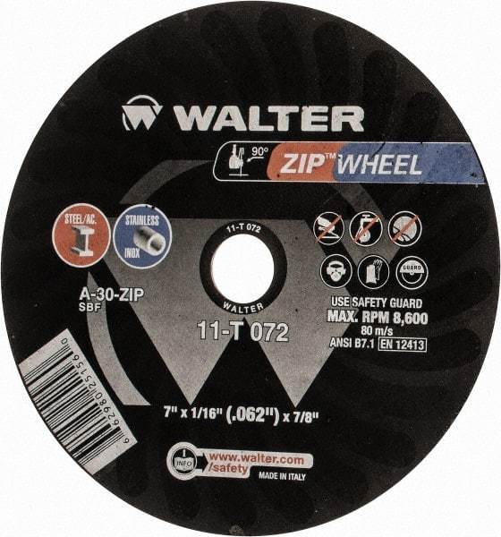 WALTER Surface Technologies - 7" 30 Grit Aluminum Oxide Cutoff Wheel - 1/16" Thick, 7/8" Arbor, 8,600 Max RPM, Use with Angle Grinders - Caliber Tooling