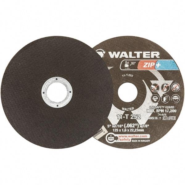 WALTER Surface Technologies - 5" 46 Grit Aluminum Oxide Cutoff Wheel - 1/16" Thick, 7/8" Arbor, 12,200 Max RPM, Use with Angle Grinders - Caliber Tooling