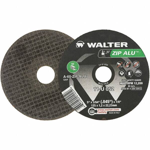 WALTER Surface Technologies - 5" 60 Grit Aluminum Oxide Cutoff Wheel - 3/64" Thick, 7/8" Arbor, 12,200 Max RPM, Use with Angle Grinders - Caliber Tooling