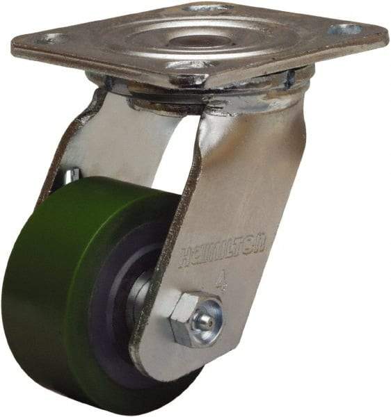 Hamilton - 3-1/4" Diam x 1-1/2" Wide x 5-1/4" OAH Top Plate Mount Swivel Caster - Polyurethane Mold onto Cast Iron Center, 475 Lb Capacity, Straight Roller Bearing, 4 x 4-1/2" Plate - Caliber Tooling