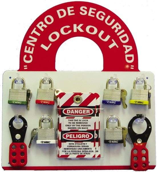 NMC - Equipped Plexiglass Tag and Padlock / Hasp Station - 14 Inch Wide x 15-1/2 Inch High, Red and White - Caliber Tooling