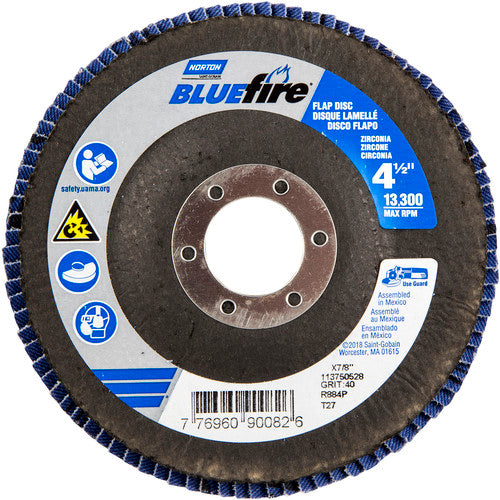 ‎4-1/2 × 7/8″ BlueFire Fiberglass HD Flat Flap Disc Type 27 P40 Grit R884P1 Zirconia Alumina - Caliber Tooling