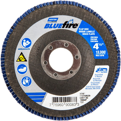 ‎4-1/2 × 7/8″ BlueFire Fiberglass HD Flat Flap Disc Type 27 P60 Grit R884P1 Zirconia Alumina - Caliber Tooling